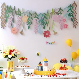 Floral & Leaf Paper Garland – Pastel Hanging Banner for Birthday, Baby Shower, and Party Decoration