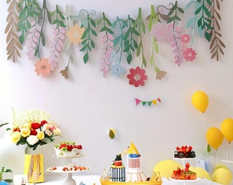 Floral & Leaf Paper Garland – Pastel Hanging Banner for Birthday, Baby Shower, and Party Decoration