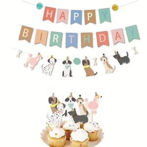 Dog-Themed Birthday Party Kit - Colorful 'Happy Birthday' Banner and Dog Cupcake Toppers Set