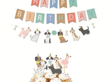 May include: A colorful banner with the words "Happy Birthday" and a string of dog-themed decorations. The banner is decorated with a variety of dog breeds, including a poodle, a dalmatian, a terrier, and a bulldog. The banner is perfect for a dog-themed birthday party.