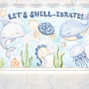 May include: A blue and white watercolor illustration of a seahorse, whale, turtle, jellyfish, and starfish with the text "Let's Shell-ebrate!" on a light blue background.