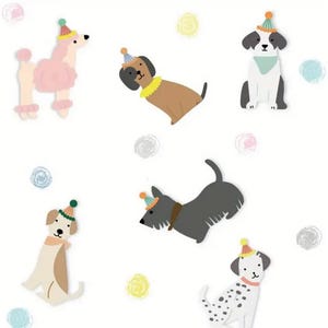 May include: A set of six colourful dog illustrations with party hats. The dogs are a poodle, a dachshund, a terrier, a dalmatian, a schnauzer, and a labrador.