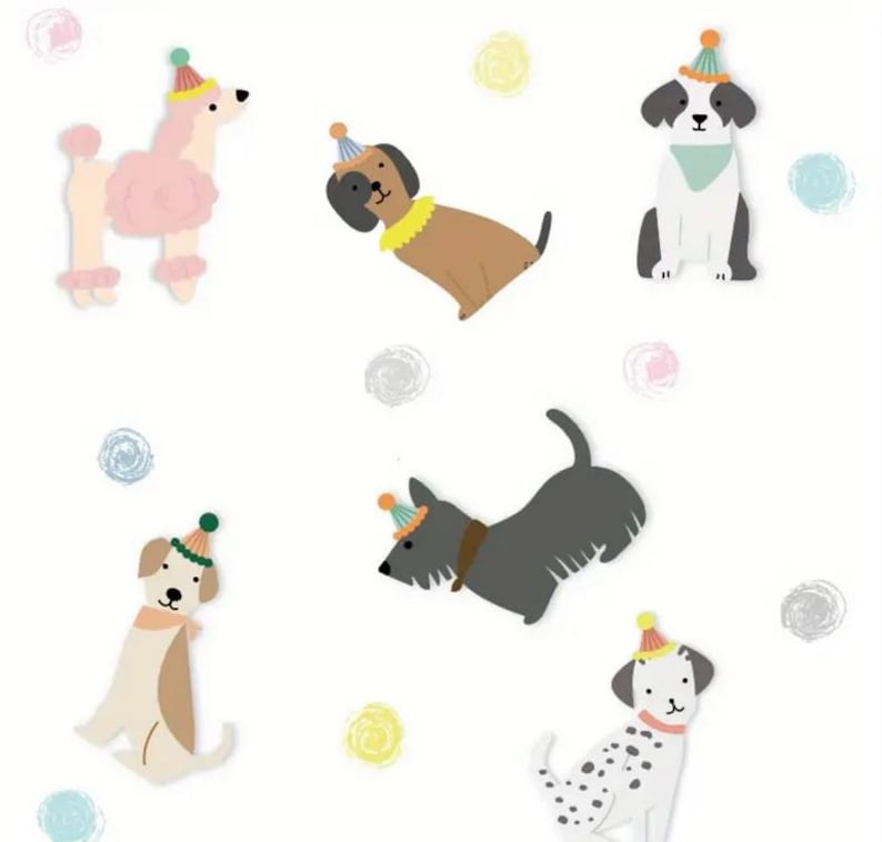 May include: A set of six colourful dog illustrations with party hats. The dogs are a poodle, a dachshund, a terrier, a dalmatian, a schnauzer, and a labrador.