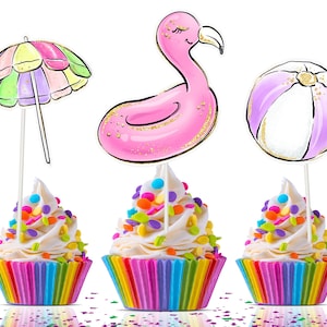 10 pcs Summer Pool Party Theme Cupcake Toppers for kids | Pool Party Party Supplies for Birthday , Baby Shower | Summer Party Supplies