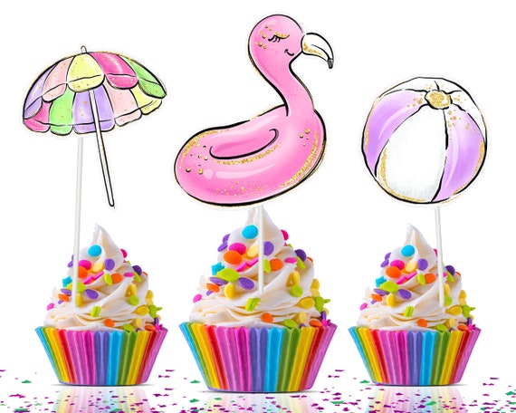 10 pcs Summer Pool Party Theme Cupcake Toppers for kids | Pool Party Party Supplies for Birthday , Baby Shower | Summer Party Supplies