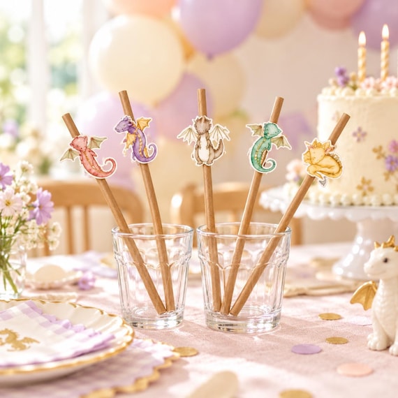 Dragon Party Paper Straws, Pastel Dragon Drink Decorations for a Fantasy Birthday or Little Dragon Baby Shower