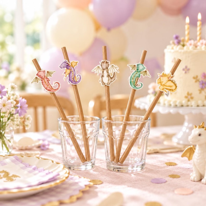 May include: Five brown paper straws, each topped with a small, illustrated dragon cutout in pink, purple, brown, green, or yellow. The straws are placed inside two clear glass tumblers, arranged on a table with party decorations.