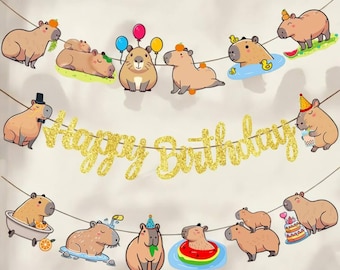 Capybara Birthday Banner – Glitter Happy Birthday Garland with Cute Capybaras, Funny Animal Party Decoration for Kids & Adults