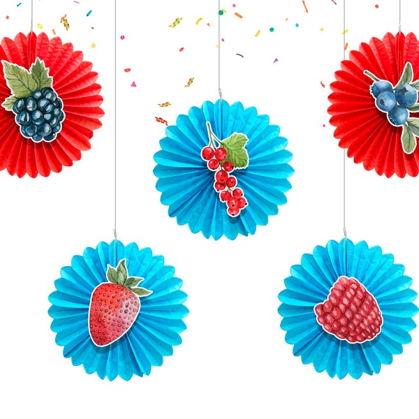 5 Pcs Berries Tissue Hanging Fans Set, 12-Inch, Perfect for Garden-Themed Birthday Parties & Baby Showers