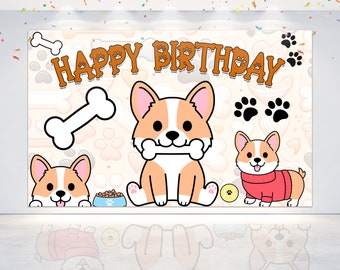 Adorable Corgi Birthday Backdrop 5x3 FT - Whimsical Dog Party Decor, Cute Puppy Celebration Photo Booth Background