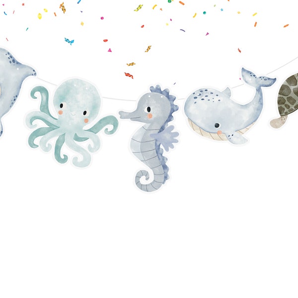 Under The Sea Birthday Banner Cute Watercolor Ocean Party Supplies Baby Shower| Birthday Decorations for Watercolor Sea Animals