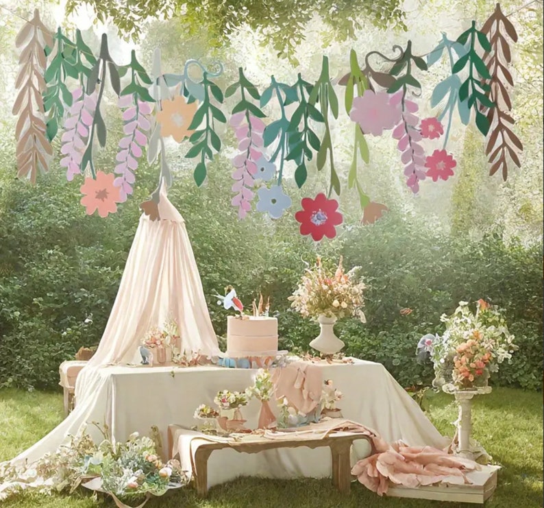 Floral & Leaf Paper Garland – Pastel Hanging Banner for Birthday, Baby Shower, and Party Decorations