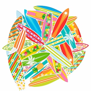 May include: A colorful arrangement of surfboards with tropical patterns, including palm trees, pineapples, and flowers. The surfboards are arranged in a circle, creating a vibrant and summery design.
