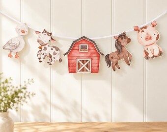 Farm Animal Birthday Banner, Watercolor Barnyard Garland with Red Barn for Baby Showers