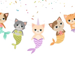 Cute Mercats Birthday Banner Mermaid Cats Theme Party Supplies | Birthday Decorations for Under The Sea Theme