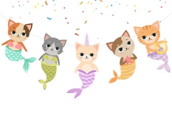 Cute Mercats Birthday Banner Mermaid Cats Theme Party Supplies | Birthday Decorations for Under The Sea Theme