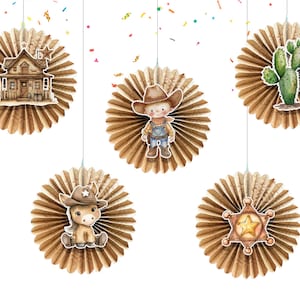 5 Pcs Cowboy Tissue Hanging Fans Set, 12-Inch, Ideal for Western-Themed Birthday Parties & Baby Showers