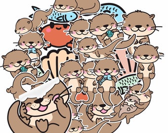 May include: A collection of cute cartoon otter stickers in various poses, including sleeping, eating fish, and holding seashells. The stickers are brown and feature a variety of expressions.