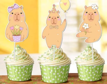 Capybara Cupcake Toppers – 10 PCS Cute Capybara Party Picks with Flowers, Hats & Balloons – Animal Birthday or Baby Shower Decorations