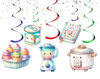 May include: A set of colorful swirl party decorations with a cartoon theme. The decorations feature a blender, a pot, a can of food, a cookbook, and cupcakes.