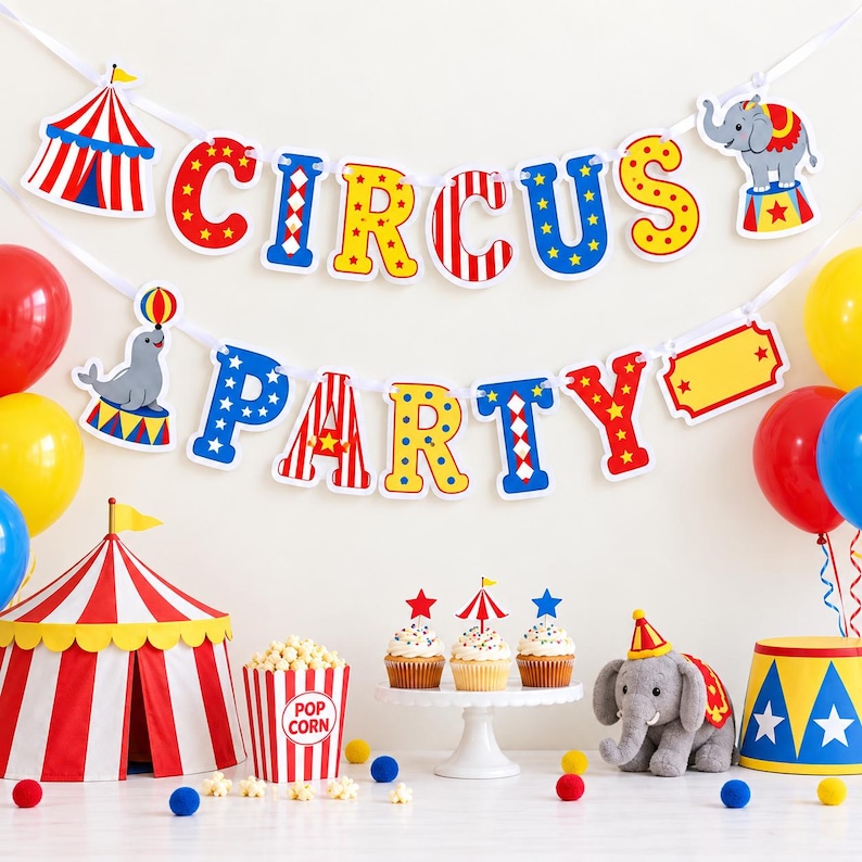 Yellow Can Red Lettering Circus Big Top Birthday Banner, Red Yellow Blue Tent Elephant Party ...