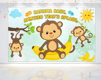 Banana Bash, Another Year’s Splash! - Playful Monkey Birthday Backdrop 5x3 FT, Jungle Party Photo Background