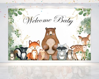 Décorations Baby Shower Bois - Bannière Welcome Baby + Guirlandes Animaux Forêt Renard Cerf