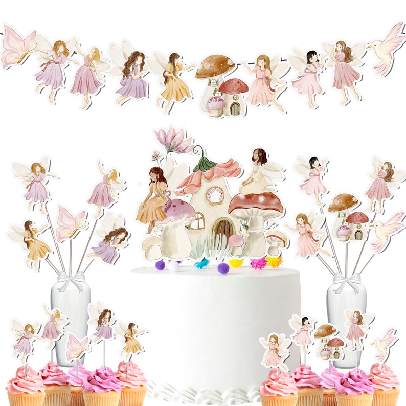 Storybook Fairy Party Set - Centerpieces, Cupcake Toppers, Cake Topper, & Banner for Enchanted Celebrations