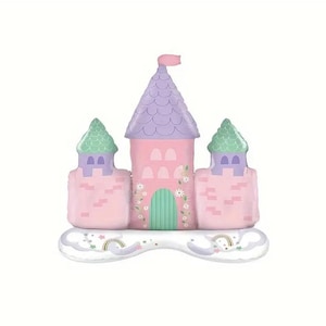 May include: A pink and purple castle balloon with green towers and a white cloud base. The castle has a green door and windows, and the cloud base has rainbow accents.