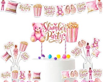 May include: Pink and gold slumber party cake toppers with a teddy bear, popcorn, and a pillow. The toppers feature the text "Slumber Party" and "Pyjama Party".