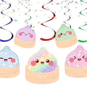 May include: A set of hanging decorations featuring five cartoon dumplings in bamboo steamers, each with a smiling face and rosy cheeks. The dumplings are colored in light purple, light green, blue glitter, rainbow, and pink glitter, with colorful hanging swirls.