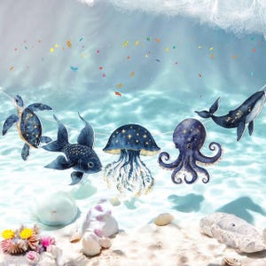Ocean Theme Baby Shower Banner - Under the Sea Cardstock Garland for Boy or Girl Birthday Party, 5FT Nautical Sea Animals Decoration