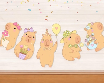 Capybara Party Banner – 5 PCS Cute Animal Garland with Flowers, Balloon & Hats – Capybara Birthday or Baby Shower Decoration