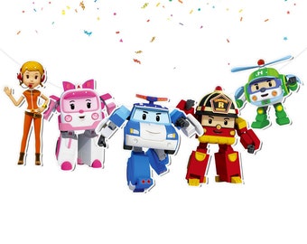 Exciting Cartoon Robocar Poli 5 PCS Banner Set - Transform Your Party into a Robocar Adventure!