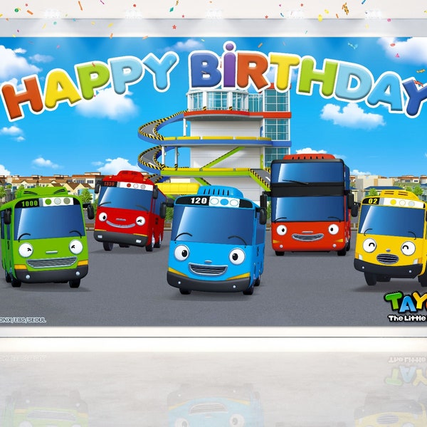 Happy Highway Adventure Toile de fond d'anniversaire Tayo le petit bus 5 x 3 pi - Bannière de célébration pour fêtes d'enfants