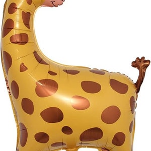 Op de afbeelding: Een gele en bruine giraffenballon met een glimlachend gezicht. De ballon is gemaakt van folie en heeft een glanzende afwerking.