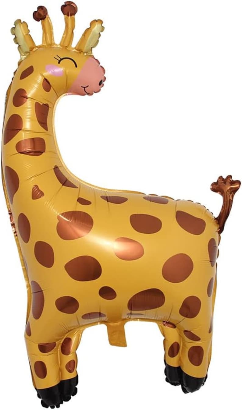 Op de afbeelding: Een gele en bruine giraffenballon met een glimlachend gezicht. De ballon is gemaakt van folie en heeft een glanzende afwerking.