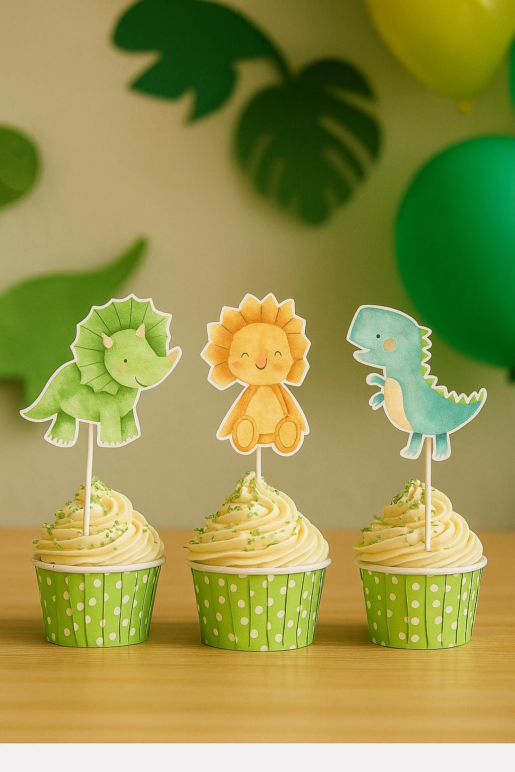10 pcs Dino Cupcake Toppers Dinosaur Theme for kids | Dino Party Supplies for Birthday , Baby Shower |Watercolor Dinosaur Cupcake Toppers