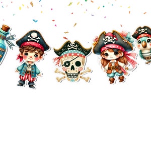 May include: A colorful pirate-themed party banner with a skull and crossbones, a pirate girl, a pirate boy, and a parrot. The banner is decorated with confetti.