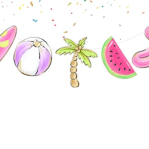 Cute Pool Party Birthday Banner  Summer Theme Party Supplies | Birthday Decorations for Pool Party Theme | Watermelon , Surfboard, Palm