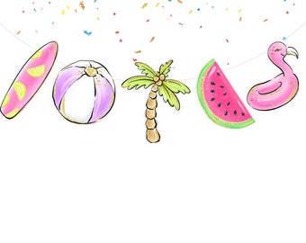 Cute Pool Party Birthday Banner  Summer Theme Party Supplies | Birthday Decorations for Pool Party Theme | Watermelon , Surfboard, Palm