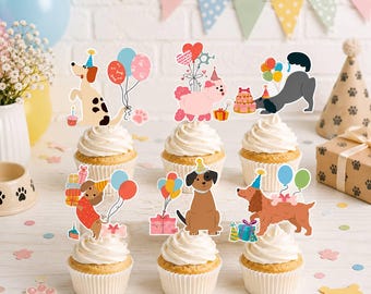 May include: Six cupcakes topped with decorative paper cutouts featuring cartoon dogs in party hats, colorful balloons, gift boxes, and birthday cakes. Each dog illustration is unique, showcasing various breeds and festive party accessories.