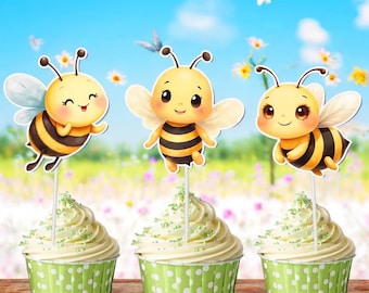 Bee Cupcake Toppers – 10 PCS Bumble Bee Picks for Baby Shower or Birthday – Bee Theme Party Decorations