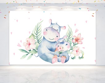 5x3FT Hippo Party Backdrop for Birthday Party Decoration. Hippopotamus Background for Baby Shower Photo Banner