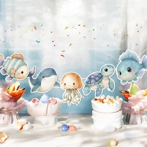 Under the Sea Banner – 5 PCS Ocean Animal Garland with White Ribbon – Sea Creature Baby Shower or Birthday Decoration