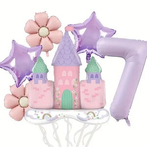 May include: A purple and pink castle balloon arch kit with a large number seven balloon. The kit includes star, flower, and castle balloons.