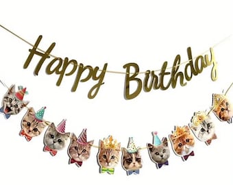 Cat Birthday Banner with Gold Happy Birthday Sign – Cute Kitten Garland for Cat Lover Parties, Pet Birthdays, or Kids Celebrations