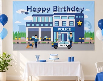 May include: A large rectangular backdrop featuring a cartoon police station scene with the text Happy Birthday. The design includes two police officers, a police dog, a police car, and a helicopter against a blue sky and green trees.