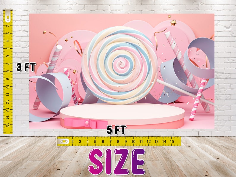 May include: A pink and white candy-themed backdrop with a large lollipop, candy canes, and ribbons. The backdrop is 3 feet tall and 5 feet wide.  "SIZE" is written in large pink letters at the bottom of the image.