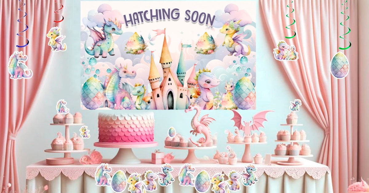 Pink Dragons Party Decorations Set For Baby Showers & Birthdays - Banner, Centerpieces, Cake Topper